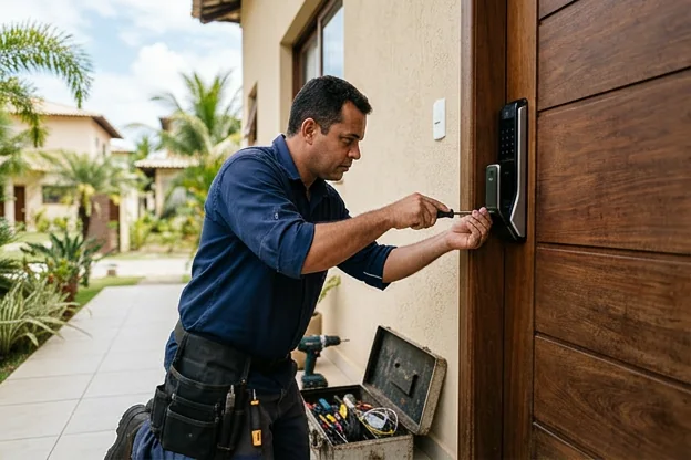 Fechadura digital instalada em uma porta em Porto Seguro.