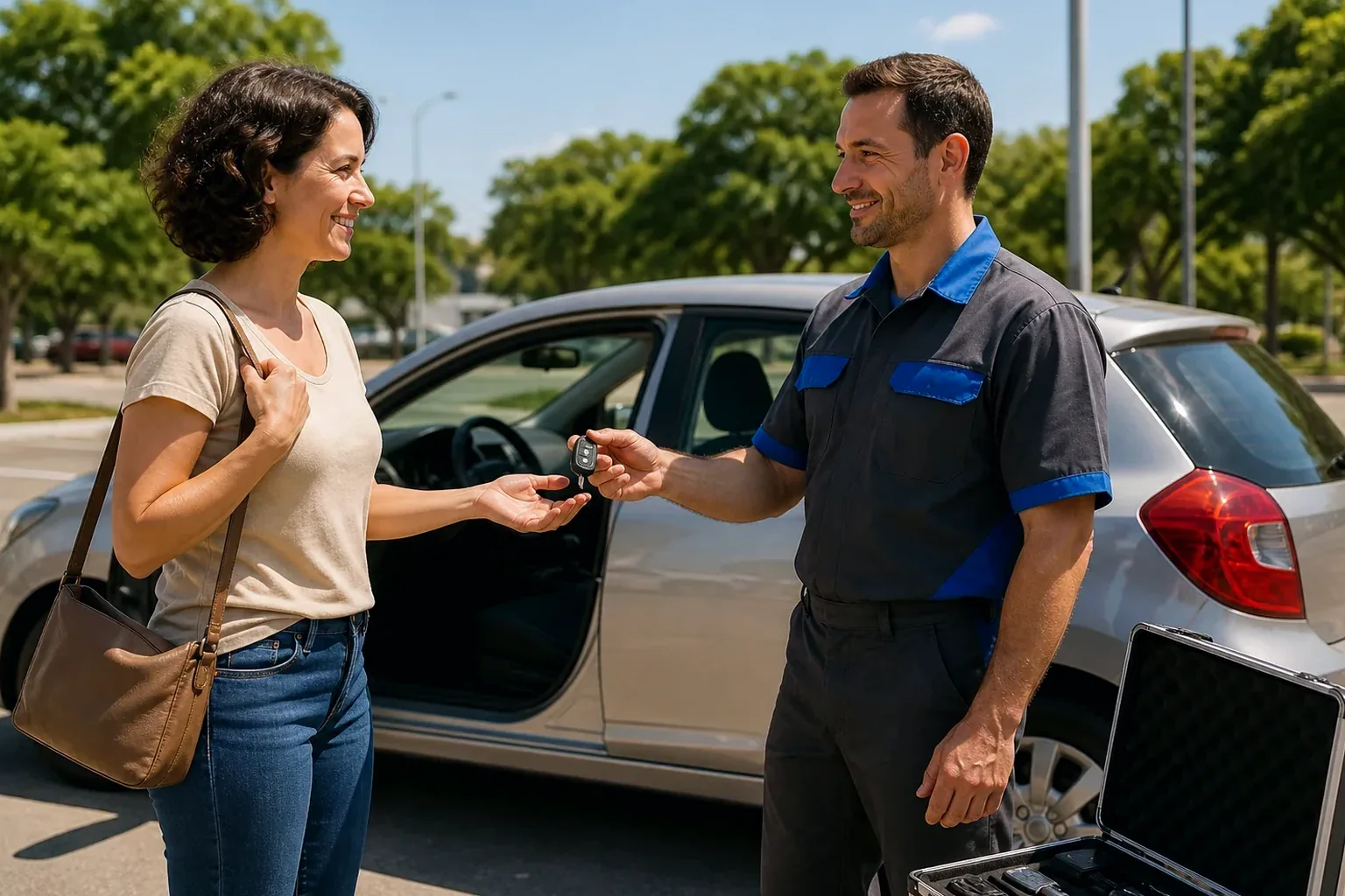 Profissional abrindo um carro em Porto Seguro com ferramentas de chaveiro.